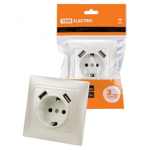 Фотография товара 'Tdm SQ1815-0842 Розетка 2П+З 16А 250В + 2 USB порта 2,1А 5В'