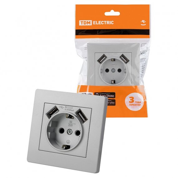Фотография товара 'Tdm SQ1816-0253 Розетка 2П+З 16А 250В + 2 USB порта 2,1А 5В'
