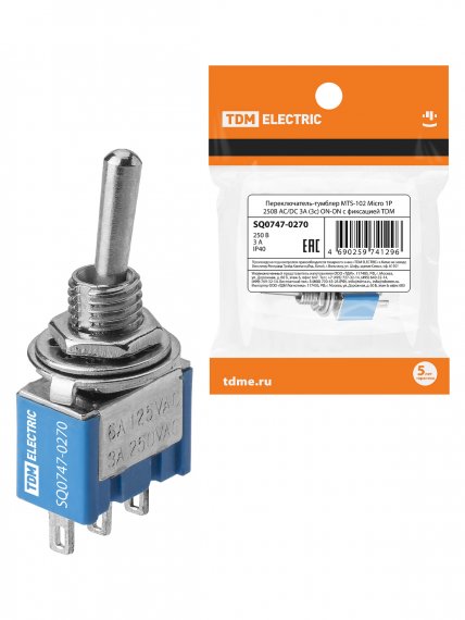 Фотография товара 'Tdm SQ0747-0270 Переключатель-тумблер MTS-102 Micro 1P 250В AC/DC 3А (3c) ON-ON'