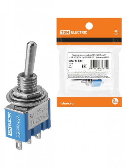 Фотография товара 'Tdm SQ0747-0271 Переключатель-тумблер MTS-103 Micro 1P 250В AC/DC 3А (3c) ON-OFF-ON'