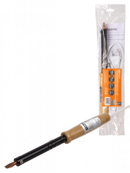 Фотография товара 'Tdm Паяльник ПД-100, ЭПСН, мощность 100 Вт, 230 В, деревянная ручка, плоское жало, "Гранит", SQ1025-0405'