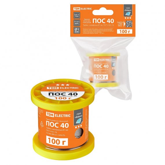 Фотография товара 'Tdm SQ1025-1811 Припой ПОС 40, трубка с канифолью, ГОСТ 21931-76, ?1 мм, 100 г'