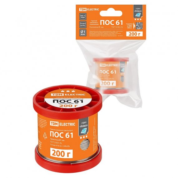 Фотография товара 'Tdm SQ1025-1806 Припой ПОС 61, проволока, ГОСТ 21931-76, ?1 мм, 200 г'