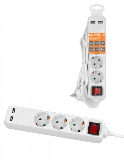 Фотография товара 'Tdm SQ1303-0304 Удлинитель бытовой У03В-USB 3 гнезда, 2USB 2,4А'