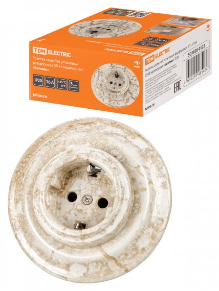 Фотография товара 'Tdm Розетка скрытой установки фарфоровая 2П+З 16А 250В мраморная, SQ1820-0122'
