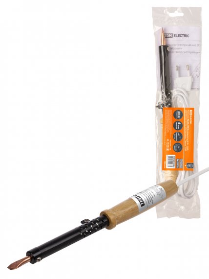 Фотография товара 'Tdm Паяльник ПД-80, ЭПСН, мощность 80 Вт, 230 В, деревянная ручка, плоское жало, "Гранит", SQ1025-0404'