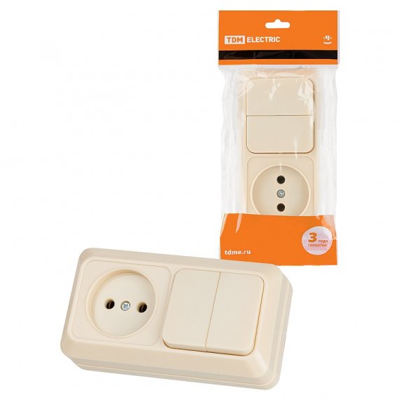 Фотография товара 'Tdm SQ1801-0206 Блок комбинированный выкл. 2-кл. 10А + розетка 2П 10А 250В БКВР IP20'