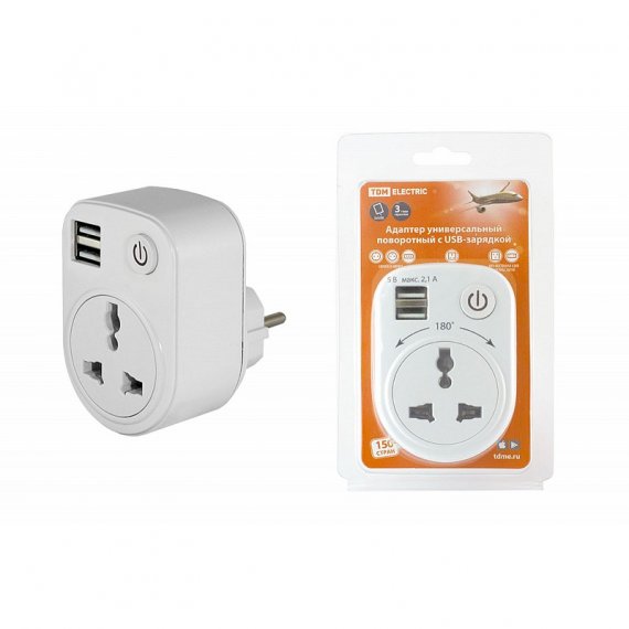 Фотография товара 'Tdm SQ1806-0183 Адаптер универсальный поворотный с/з 250В 16А + 2USB 2.1A'