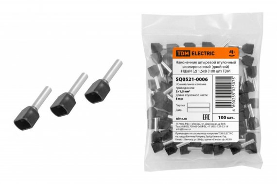 Фотография товара 'Tdm Наконечник штыревой втулочный изолированный (двойной) НШвИ SQ0521-0006'