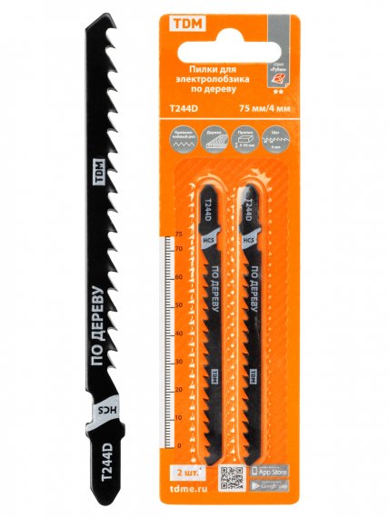 Фотография товара 'Tdm Пилки для электролобзика по дереву, HCS, 75х4 мм, криволинейный рез, T244D, 2 шт, "Рубин", SQ1089-0207'