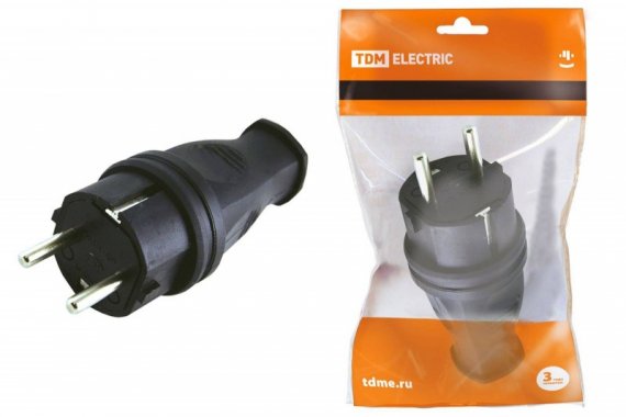 Фотография товара 'Tdm Вилка прямая каучук 2Р+РЕ 16А 250В IP44 SQ0612-0001'