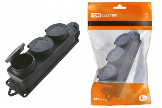 Фотография товара 'Tdm Розетка трехместная с заглушками каучук 2Р+РЕ 16А 250В IP44 SQ0612-0008'