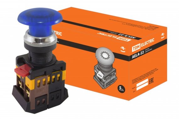 Фотография товара 'Tdm Кнопка AELA-22 "Грибок" синий d22мм неон/230В SQ0704-0035'