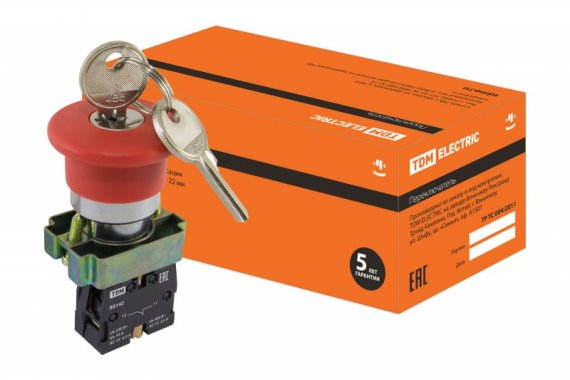 Фотография товара 'Tdm Кнопка BS142 "Грибок"с ключом красный d22мм 230В SQ0704-0023'