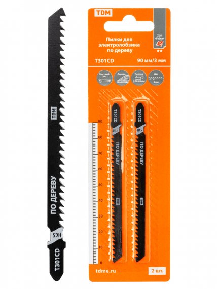 Фотография товара 'Tdm Пилки для электролобзика по дереву, HCS, 90х3 мм, быстрый рез, T301CD, 2 шт, "Рубин", SQ1089-0205'