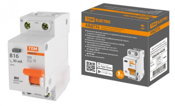 Фотография товара 'Tdm АВДТ 32 2P(1P+N) B25А 30мА 4,5кА тип АС SQ0202-0521'