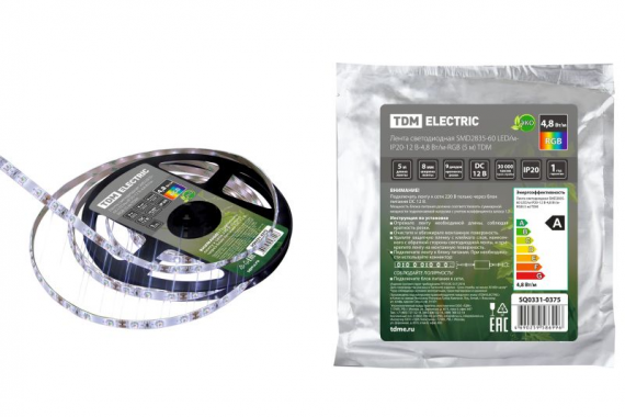 Фотография товара 'Tdm Лента светодиодная SMD2835-60 LED/м-IP20-12 В-4,8 Вт/м-RGB SQ0331-0375'