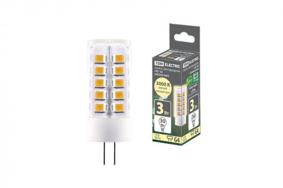 Фотография товара 'Tdm Лампа светодиодная G4-3 Вт-AC/DC 12 В-3000 К, SMD, 16x43 мм SQ0340-0093'
