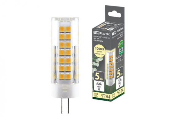 Фотография товара 'Tdm Лампа светодиодная G4-5 Вт-230 В-3000 К, SMD, 16x55 мм SQ0340-0216'