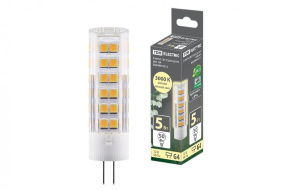 Фотография товара 'Tdm Лампа светодиодная G4-5 Вт-AC/DC 12 В-3000 К, SMD, 16x57 мм SQ0340-0213'
