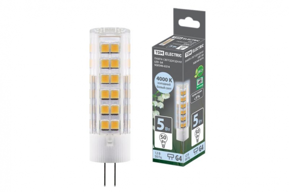 Фотография товара 'Tdm Лампа светодиодная G4-5 Вт-AC/DC 12 В-4000 К, SMD, 16x57 мм SQ0340-0214'
