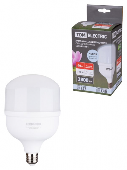 Фотография товара 'Tdm Лампа светодиодная T 40 Вт, 230 В, 4000 К, E27 (120x190 мм) SQ0340-0354'
