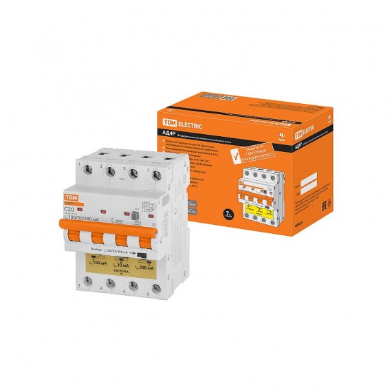 Фотография товара 'Tdm SQ0204-0630 Диф.автомат АД4P 4Р С20 30-100-300мА 6кА тип АС'