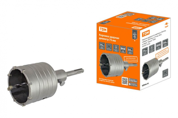 Фотография товара 'Tdm Коронка ударная по кирпичу и бетону, победит, SDS-Plus, d 75 мм, М22, Гранит SQ1031-0102'