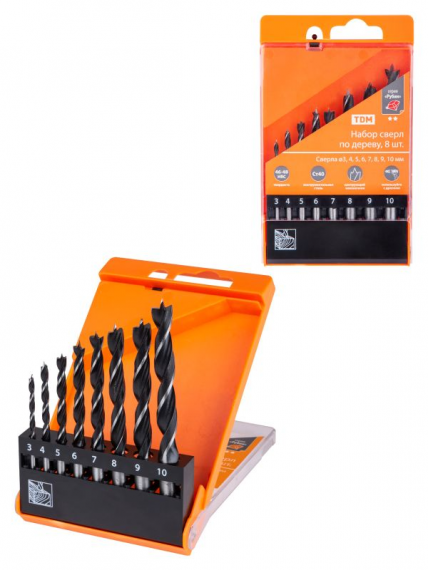 Фотография товара 'Tdm Набор сверл по дереву, 8 шт. (3-4-5-6-7-8-9-10) мм, полир., HSS, Рубин SQ1093-0202'