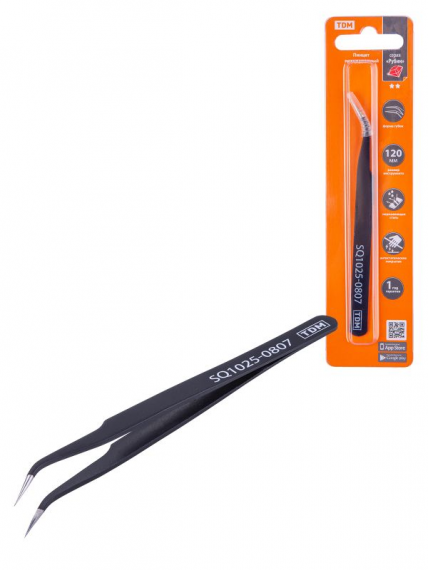 Фотография товара 'Tdm Пинцет прецизионный изогнутый 120 мм, острое жало, нерж., антистатич. покр., Рубин SQ1025-0807'