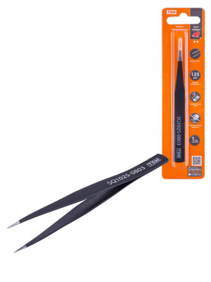 Фотография товара 'Tdm Пинцет прецизионный прямой 125 мм, острое жало, нерж., антистатич. покр., Рубин SQ1025-0803'