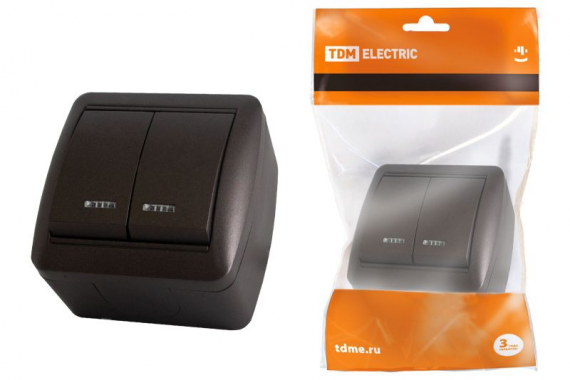 Фотография товара 'Tdm Выключатель 2-кл. открытой установки с подсветкой IP44 10А Селигер SQ1818-0204'