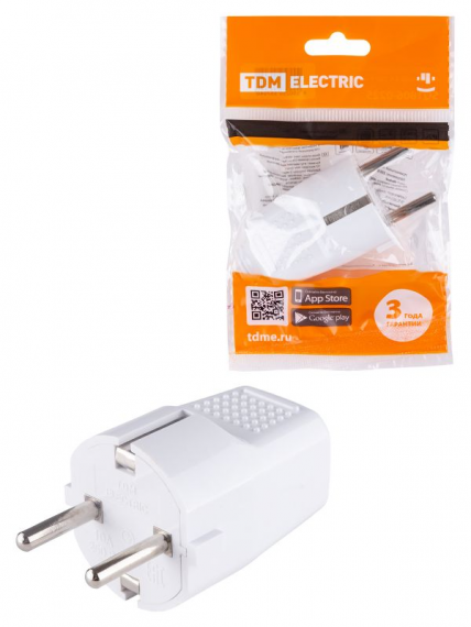 Фотография товара 'Tdm Вилка прямая с/з белая c перфорацией 10А 250В SQ1806-0197'