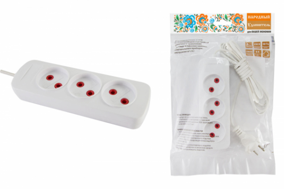 Фотография товара 'Tdm Удлинитель народный УН3 3 гнезда, 10метров, б/з, ШВВП 2х0,75 мм2 6А/250В SQ1303-1204'