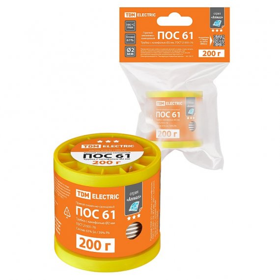 Фотография товара 'Tdm SQ1025-1804 Припой ПОС 61, трубка с канифолью, ГОСТ 21931-76, ?2 мм'