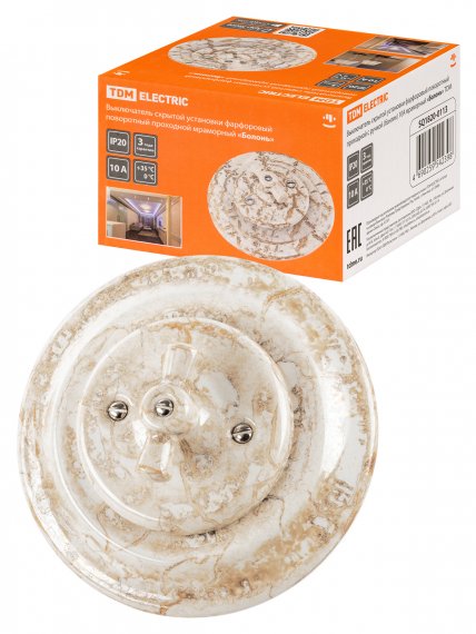 Фотография товара 'Tdm Выключатель скрытой установки фарфоровый поворотный проходной с ручкой (бантик) 10А, SQ1820-0113'