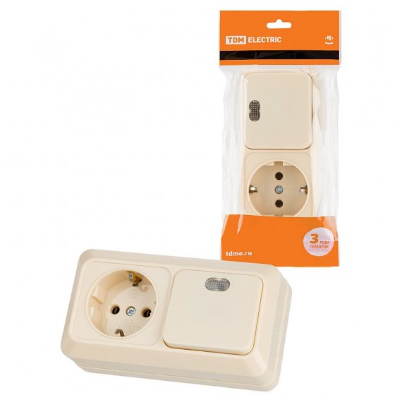 Фотография товара 'Tdm SQ1801-0203 Блок комбинированный выкл. 1-кл. с/п 10А + розетка 2П+З 16А 250В БКВР IP20'