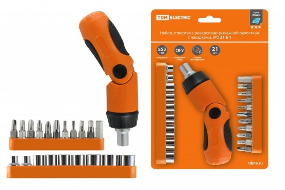 Фотография товара 'Tdm Набор, отвертка с реверсивно-рычажной рукояткой с насадками, №2, 21 предмет "Алмаз" SQ1019-0202'