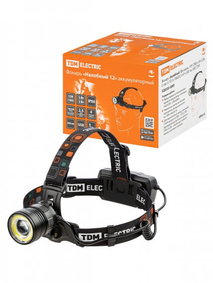 Фотография товара 'Tdm Фонарь «Налобный 12» аккумуляторный, 5 Вт CREE+3 Вт COB, SQ0350-0069'