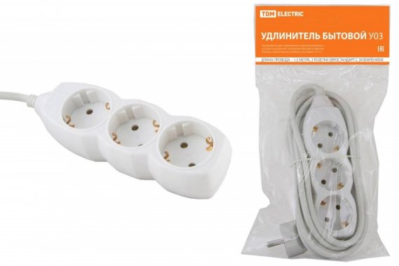 Фотография товара 'Tdm Удлинитель бытовой У03 3 гнезда, 1,5метра, с заземлением, ПВС SQ1303-0000'