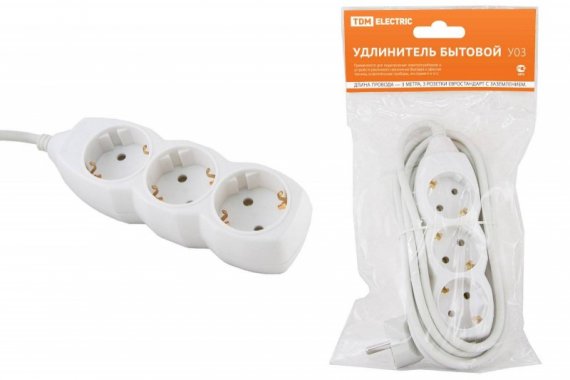 Фотография товара 'Tdm Удлинитель бытовой У03 3 гнезда, 3метра, с заземлением, ПВС SQ1303-0001'