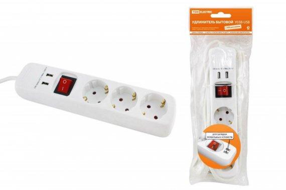 Фотография товара 'Tdm Удлинитель бытовой У03В-USB 3 гнезда, 2USB разъема SQ1303-0301'
