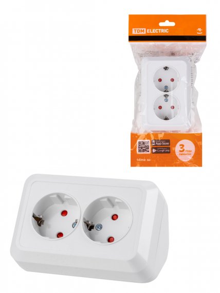 Фотография товара 'Tdm Розетка угловая двойная 2П+З открытой установки с защитными шторками IP20 250В 16А, SQ1801-0067'