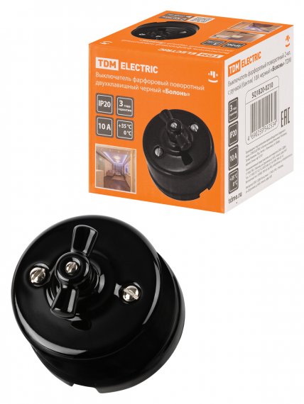 Фотография товара 'Tdm Выключатель фарфоровый поворотный 2-клавишный с ручкой (бантик) 10А, SQ1820-0210'