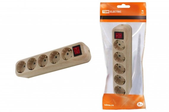 Фотография товара 'Tdm Колодка розеточная 5 гнезд 2П+3 с выключателем16А 250В "Эко" SQ1806-0055'