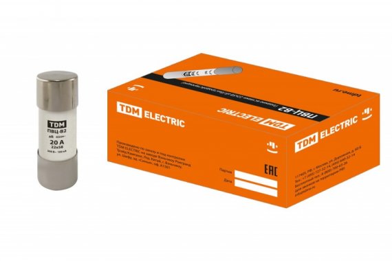 Фотография товара 'Tdm Плавкая вставка ПВЦ-B2 22х58 aR (быстродействующая) 20А SQ0729-0055'