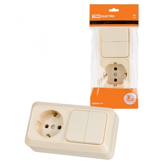 Фотография товара 'Tdm SQ1801-0202 Блок комбинированный выкл. 2-кл. 10А + розетка 2П+З 16А 250В БКВР IP20'